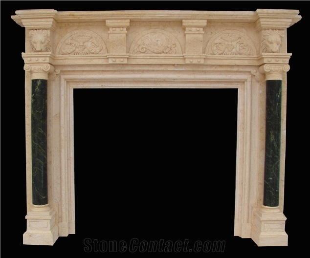 White Marble Handcarved Fireplace Mantel Inlay with Beige Marble