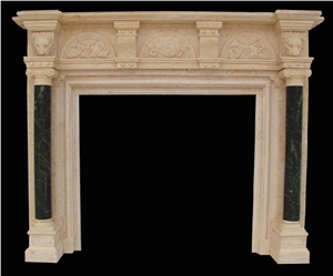 White Marble Handcarved Fireplace Mantel Inlay with Beige Marble