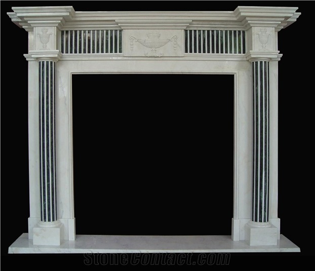 White Marble Handcarved Fireplace Mantel Inlay with Beige Marble