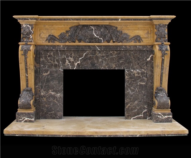 White Marble Handcarved Fireplace Mantel Inlay with Beige Marble