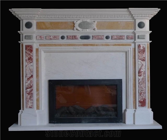 White Marble Handcarved Fireplace Mantel Inlay with Beige Marble
