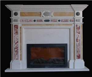 White Marble Handcarved Fireplace Mantel Inlay with Beige Marble