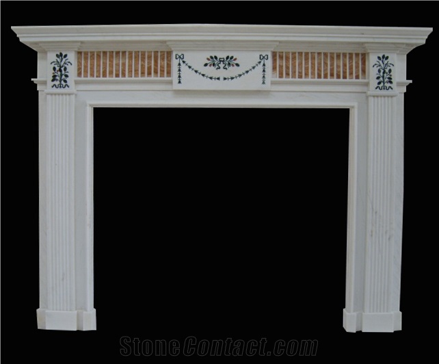 White Marble Handcarved Fireplace Mantel Inlay with Beige Marble