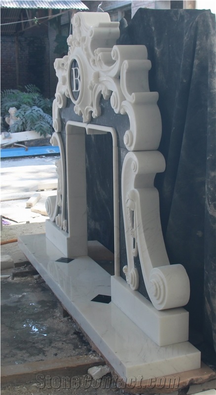 White Marble Handcarved Fireplace Mantel Inlay with Black Marble