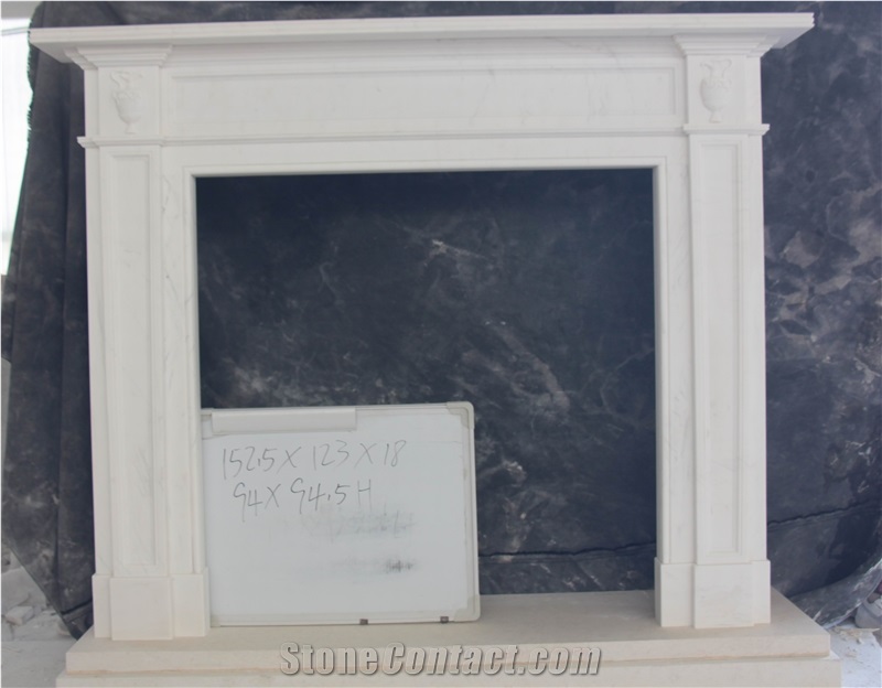 White Marble Handcarved Fireplace Mantel Inlay with Black Marble