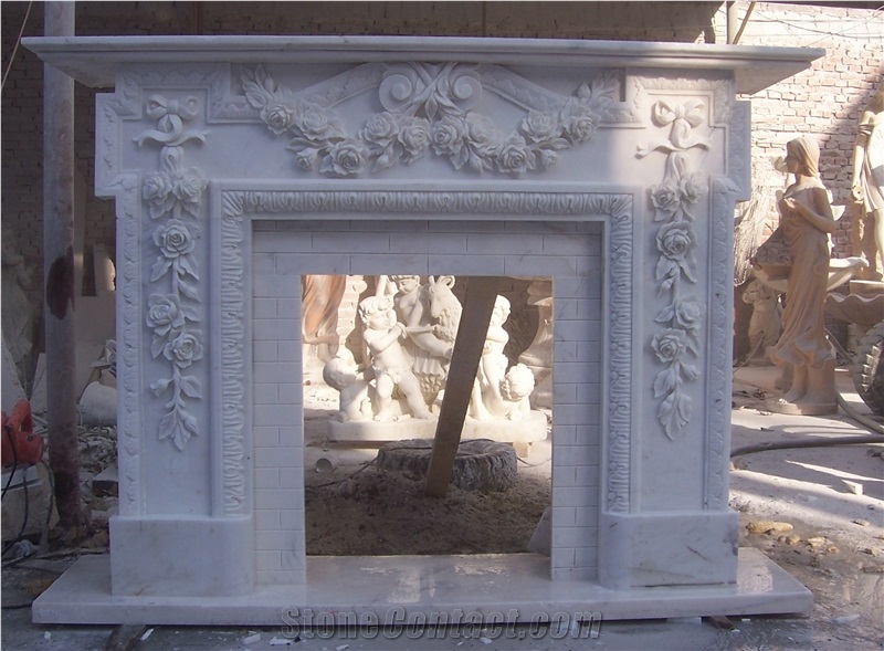 White Marble Handcarved Fireplace Mantel Inlay with Black Marble