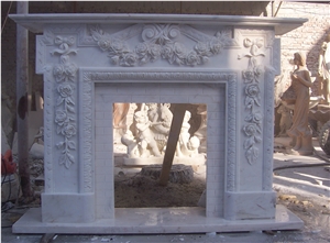 White Marble Handcarved Fireplace Mantel Inlay with Black Marble