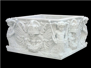 White Marble Handcarved Flower Pots, Western Sculptured Planter Pots