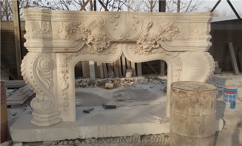 White Marble Handcarved Sculpture Stone Fireplace Mantel