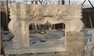 White Marble Handcarved Sculpture Stone Fireplace Mantel