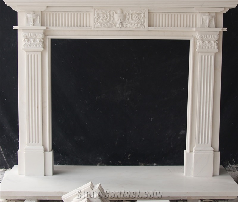 White Marble Handcarved Sculpture Stone Fireplace Mantel