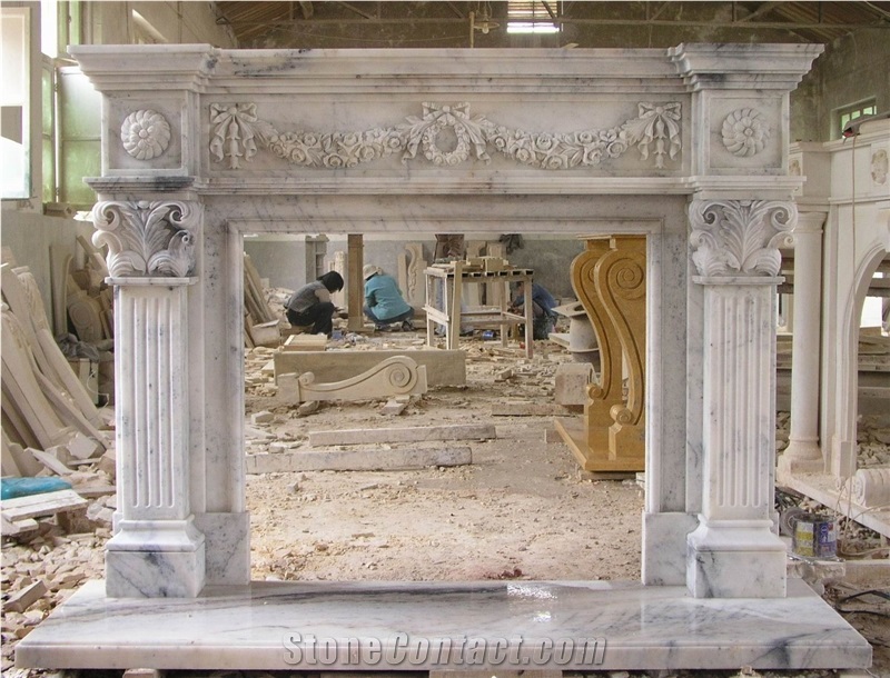 White Marble Handcarved Sculpture Stone Fireplace Mantel