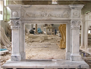 White Marble Handcarved Sculpture Stone Fireplace Mantel