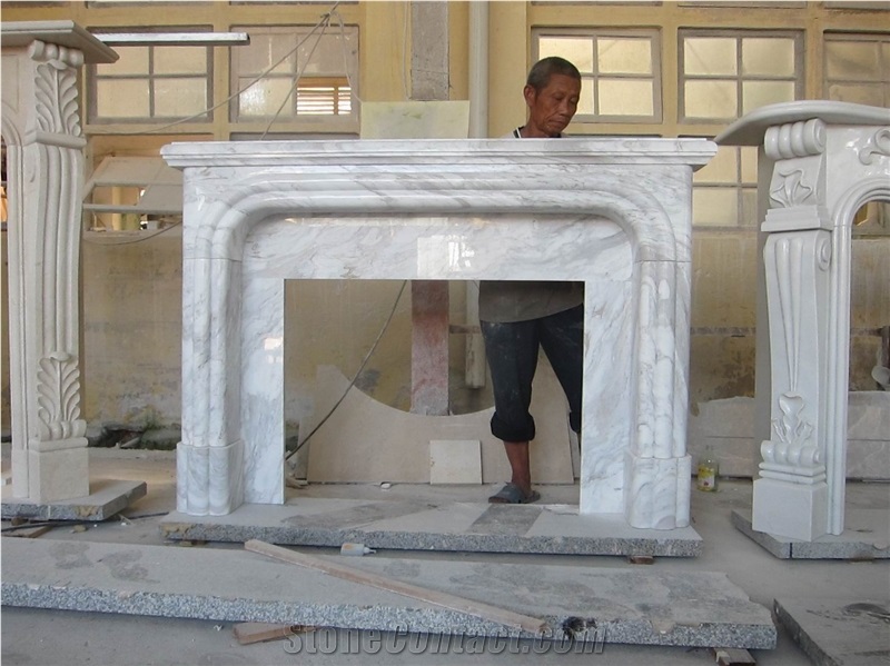 White Marble Handcarved Sculpture Stone Fireplace Mantel