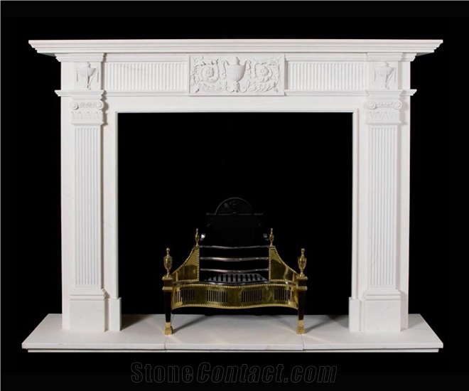 White Marble Handcarved Sculpture Stone Fireplace Mantel