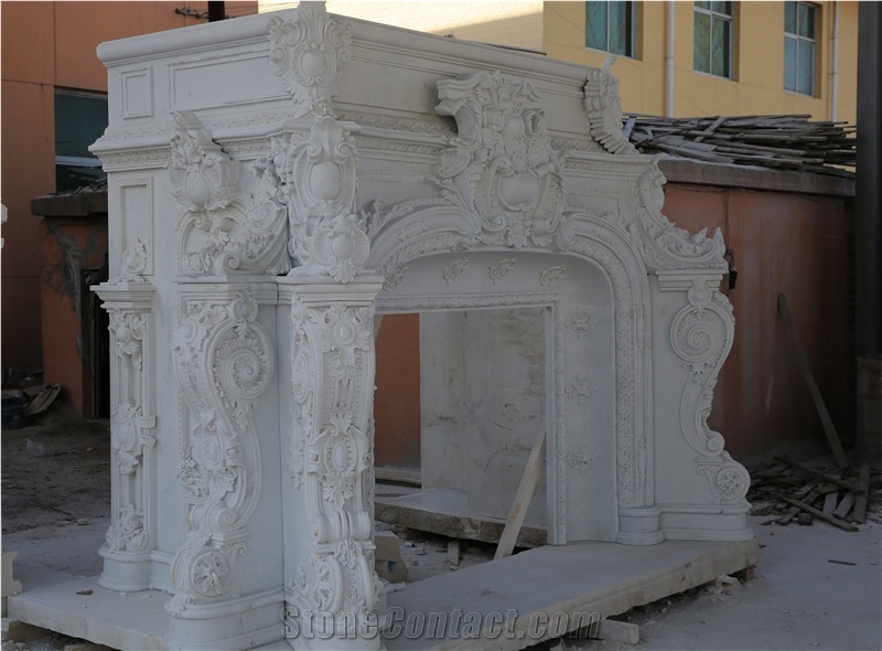 White Marble Handcarved Sculpture Stone Fireplace Mantel