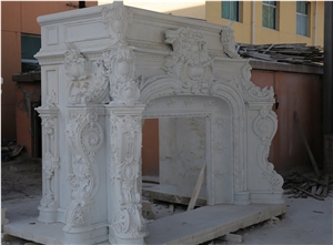 White Marble Handcarved Sculpture Stone Fireplace Mantel