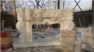 White Marble Handcarved Sculpture Stone Fireplace Mantel