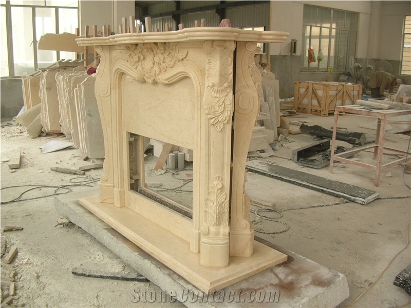 Beige Marble Fireplace Flower Handcarved Fireplace Mantel