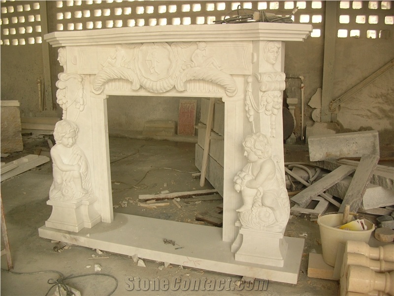 Beige Marble Fireplace Flower Handcarved Fireplace Mantel