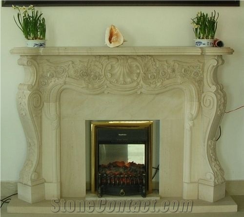 Beige Marble Fireplace Flower Handcarved Fireplace Mantel