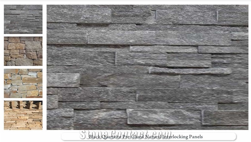 Black Quartzite Pre-Glued Natural Interlocking Wall Panels