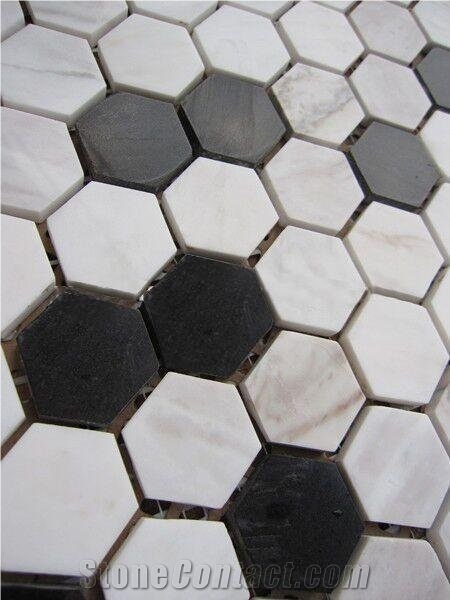 Calacatta Gold +Black Marble Hexagon Hexagon Mosaic Tile for Kitchen
