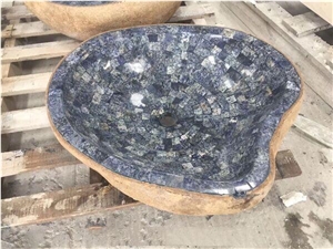 Fantasy Blue Granite Mosaic Sinks,River Stone Wash Basin for Bathroom