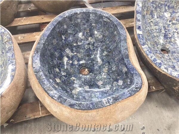 Fantasy Blue Granite Mosaic Sinks,River Stone Wash Basin for Bathroom