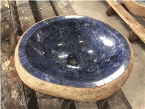 Fantasy Blue Marble Bath Basins,Marble Mosaic Vessel Sinks,Wash Bowls