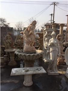 Hand Carved Beige Marble Human Sculptured Stone Garden Small Fountain