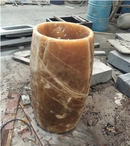 Solid Stone Brown Onyx Pedastal Basins for Bathroom Sinks