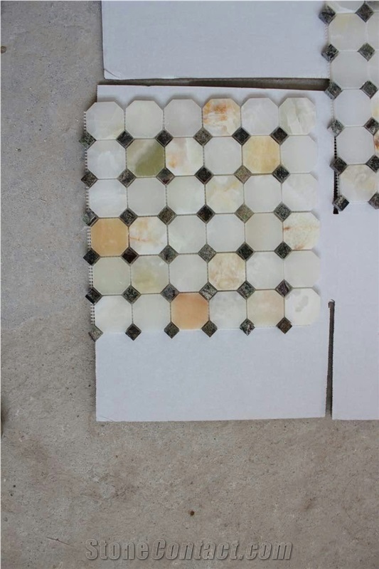 China Yellow Green Onyx Mosaic Tiles and Pattern White Marble Tiles