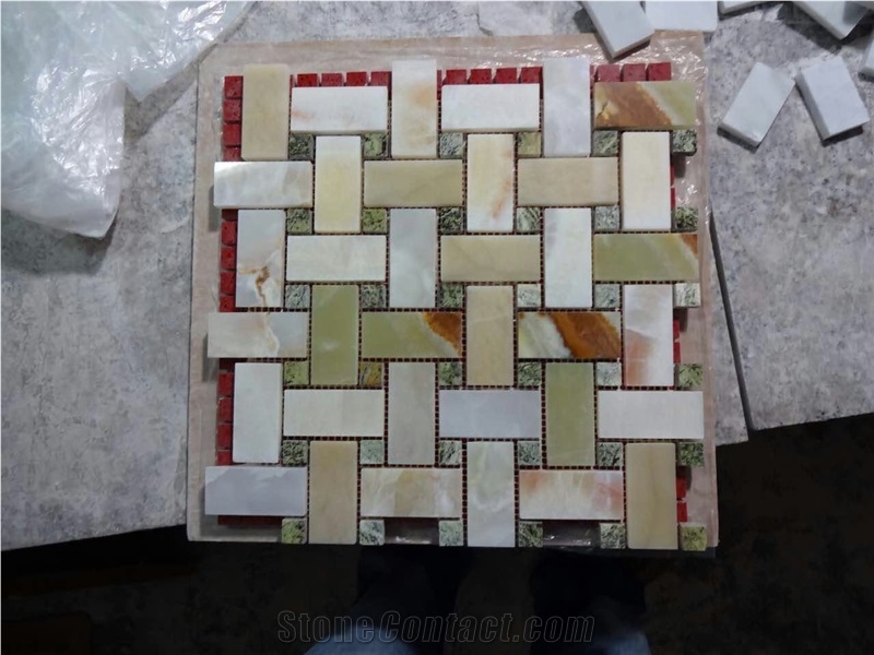 China Yellow Green Onyx Mosaic Tiles and Pattern White Marble Tiles