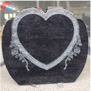Bahama Blue Granite Heart Rock Pitched Monument with Rose Carved