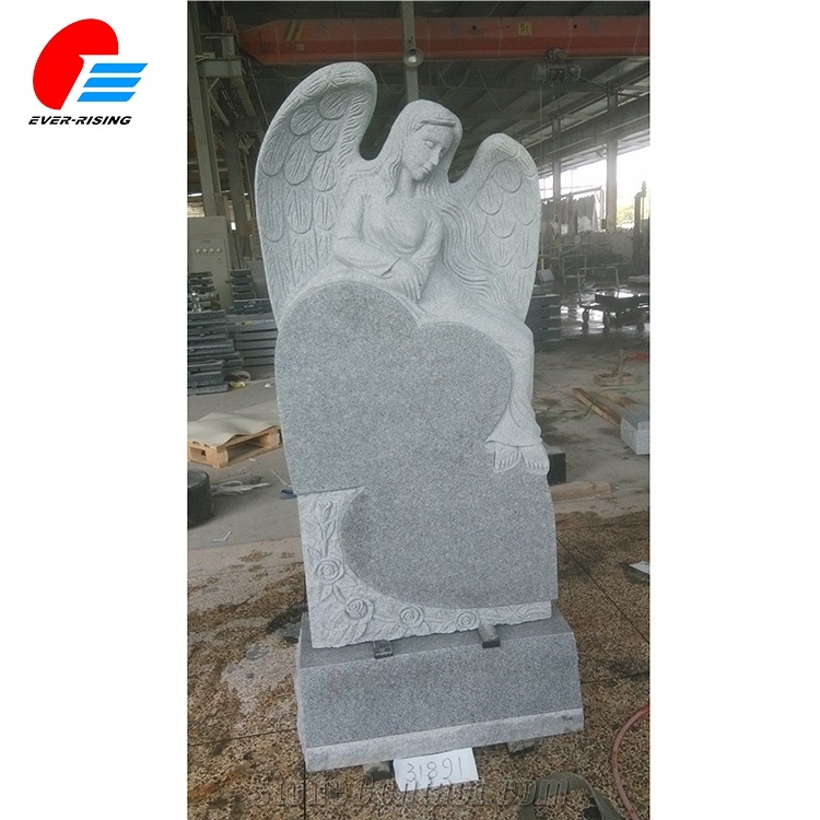 Light Gray G633 Granite Double Heart Angel Monument with Rose Carving