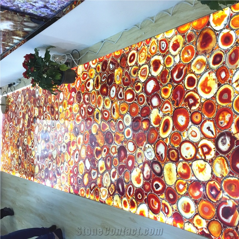 Backlit Red Semiprecious Stone Bar Top, Red Semiprecious for Countertop
