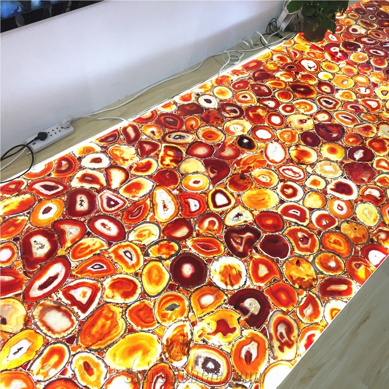 Backlit Red Semiprecious Stone Bar Top, Red Semiprecious for Countertop