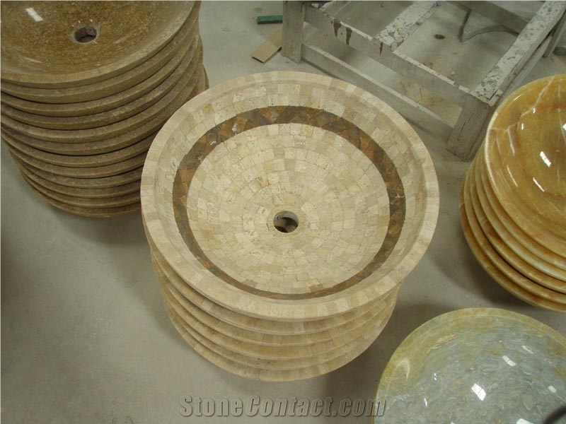 Beige Travertine Mosaic Round Sinks, Beige Travertine Basin