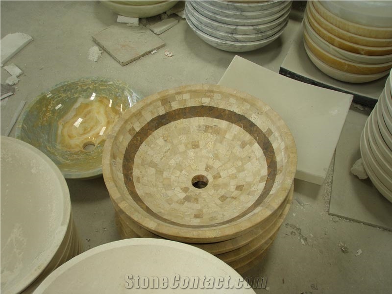 Beige Travertine Mosaic Round Sinks, Beige Travertine Basin