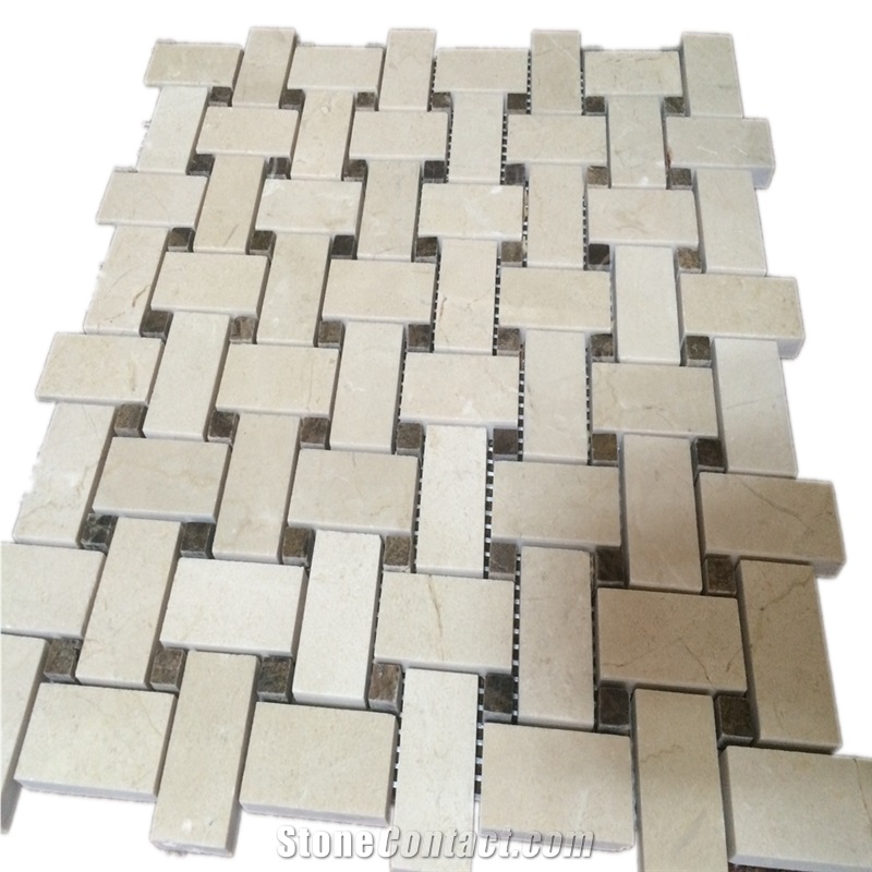 Marble Tiles Crema Marfil Basketweave Beige Mosaic