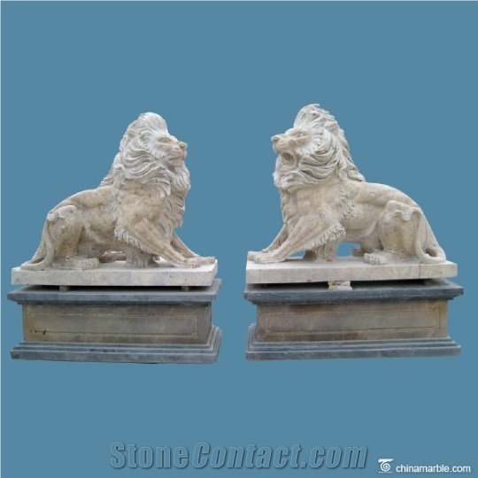 Antique Finish Stone Lions Cream Hand Carved