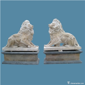 Antique Finish Stone Lions Cream Hand Carved