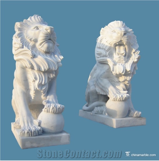 Lion with Pedestal White Marble Garden Sculpture