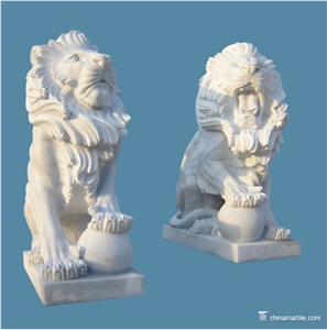 Lion with Pedestal White Marble Garden Sculpture