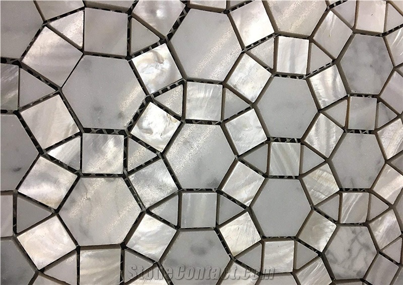 Backsplash Tile Marble Shell and Stone Pattern Mosaic Waterjet Design