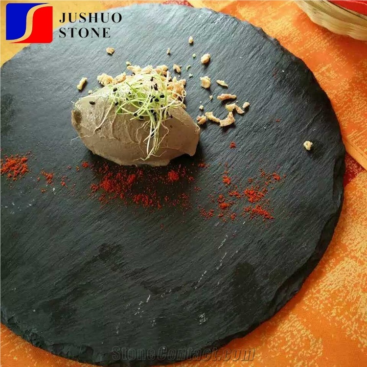 Stock Round Shape Cheap Price Slate Dinner Deserve Plate,Black Slate