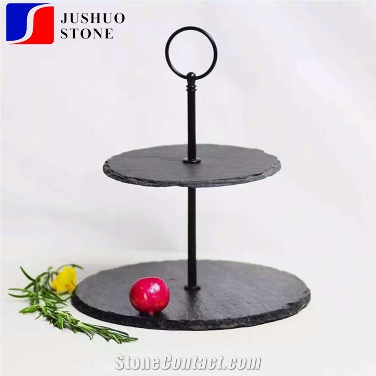Stock Round Shape Cheap Price Slate Dinner Deserve Plate,Black Slate