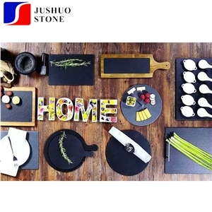 Stock Round Shape Cheap Price Slate Dinner Deserve Plate,Black Slate