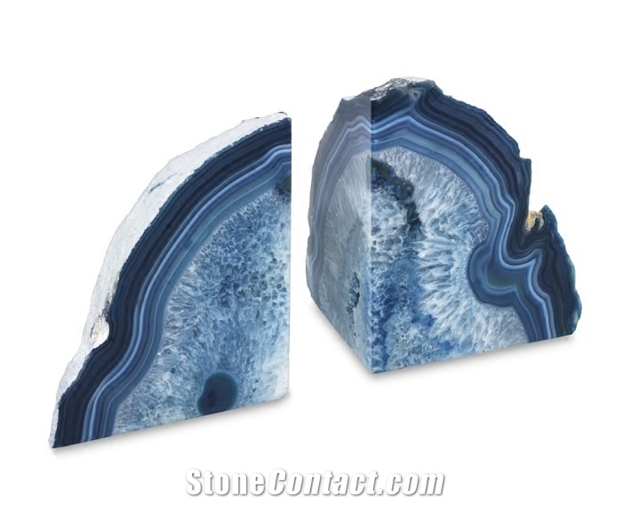China Luxury Teal Enhanced Highly Polished White Agate Geode Bookends